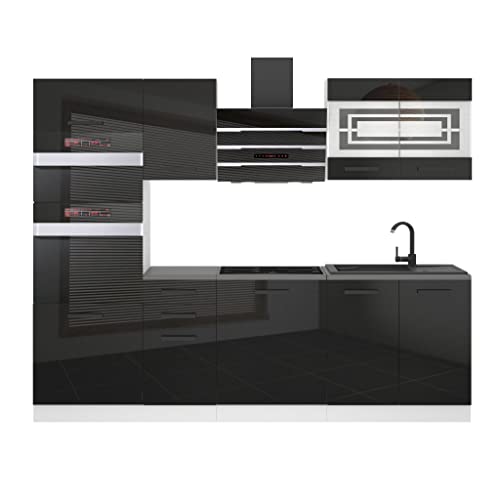 Belini - Blocco cucina Tracy, mobili da cucina, 240 cm, senza elettrodomestici, con pensili e armadi, senza controsoffitti, colore: nero lucido