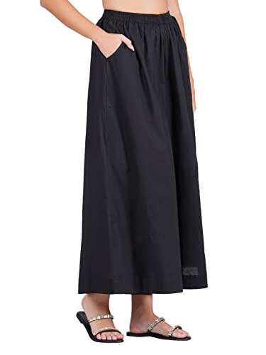 Image of fabcoast Loose Fit Palazzo Pants for Women A-Line Flared Wide Leg Summer Ethnic wear Pure Cotton Cambric with Full Elastic Waistband and 2 Side Pockets
