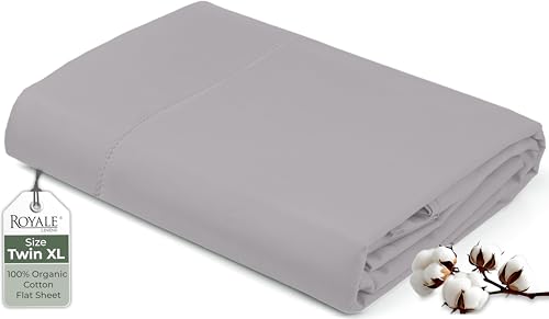 Image of Royale Linens 100% Organic Cotton Twin XL Flat Sheet Only - Super Soft - Percale Top Sheets - Twin XL Flat Sheet Sold Separately - Breathable, Cool & Crisp Sheets Only (66 inch x 102 inch, Silver)