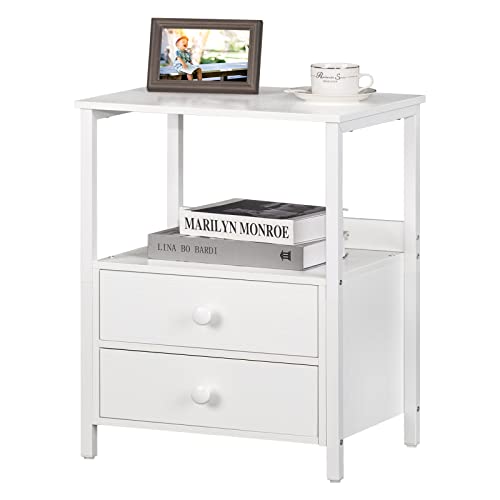 Lerliuo White Nightstand, Side Table, Industrial Bedside Table with 2 Drawers and Open Shelf, White Night Stand, End Table with Steel Frame, Dresser for Bedroom, Dorm, 23.6''H (White) Lerliuo White Nightstand, Side Table, Industrial Bedside Table with 2 Drawers and Open Shelf, White Night Stand, End Table with Steel Frame, Dresser for Bedroom, Dorm, 23.6''H (White)