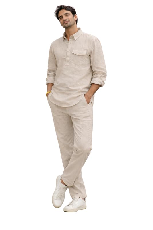 Image of Men's Linen Blend Cord Set Loungewear | Lightweight Breathable Summer Co-ord Set | Relaxed Fit Shirt & Elastic Waist Pants | Comfortable Travel, Beach & Casual Lounge Wear| S-2XL |