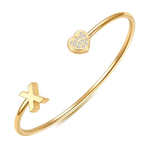 Image of VQYSKO Heart Initial Cuff Bracelets for Woman-CZ Stainless Steel Adjustable Open Bracelet Woman Jewellery,Birthday Gifts for Woman