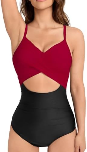 TcIFE Women's One-Piece Swimsuit Tummy-Control Hollow High-Waist Back Wrap Tie Bathing Suit