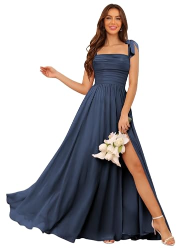 Square Neck Bridesmaid Dresses 2025 Ruched Chiffon Formal Evening Dress with Bow QA223