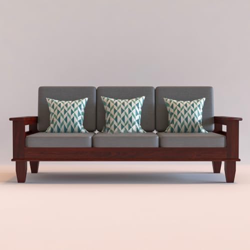 Image of KINGS HOME FURNITURE Sheesham Wooden 6 Seater Sofa for Living Room | Rosewood 6 Seater Cushion Sofa with Side Newspaper Holder for Home & Office (-Mahogany Finish,3+2+1 Seater)