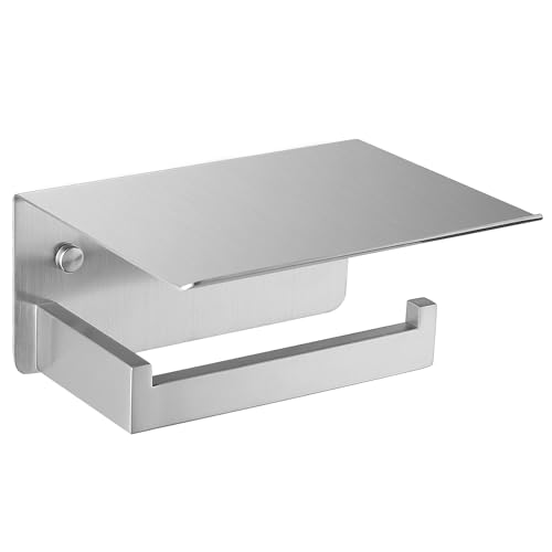 Image of Angle Simple Toilet Paper Holder with Storage Shelf, Brushed Nickel | SUS304 Stainless Steel Bathroom Tissue Roll Holder, Fit Most Rolls, Top Shelf for Placing Phone Wet Wipes, Screw Wall Mount