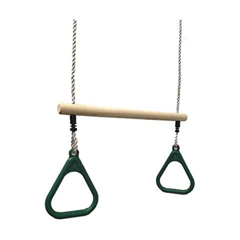 Kids Wooden Trapeze Bar with Green Gym Rings for climbing frame swing sets Play Den Tree house Cover