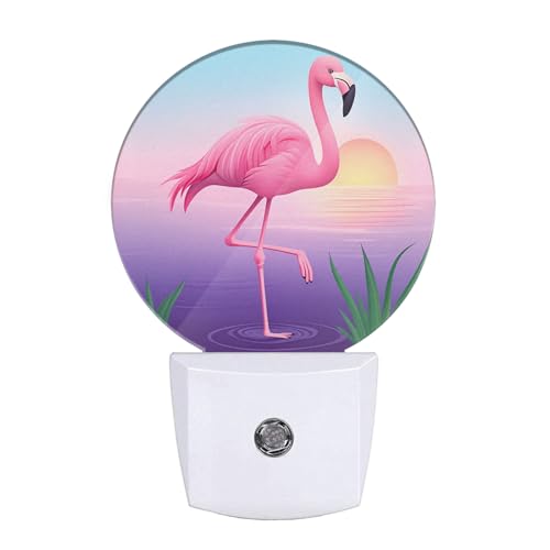 Image of Tropical Night Light Flamingo Walking by Lake Sunset Jungle LED Dusk to Dawn Plug-in Nightlight Auto Sensor for Bedroom Bathroom Hallway Living Room