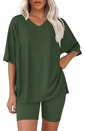 WIHOLL 2 Piece Lounge Sets for Women Summer Oversized Tshirts Biker Shorts Casual Airport Vacation Outfits