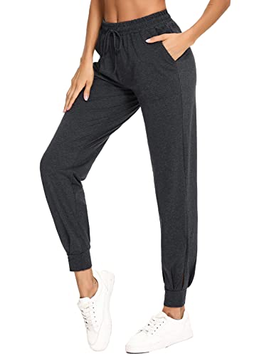 Litherday Pantalon de Sport Femme Coton Ample Pantalon Jogging avec Poches à Cordon Survetement pour Fitness Yoga Quotidien Running,A Gris Foncé,M