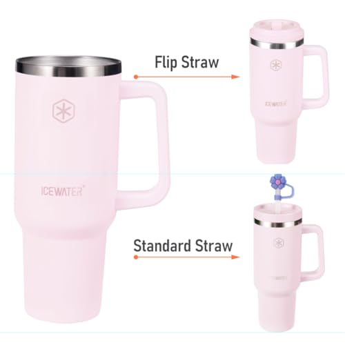 Image of ICEWATER 40 oz Tumbler with 2 Lids (Regular Straw and Flip Straw) | 100% Leak-proof Insulated Tumbler with Handle, Cup Holder Friendly, Stainless Steel Water Bottle, Secure Twist-Lock Straw