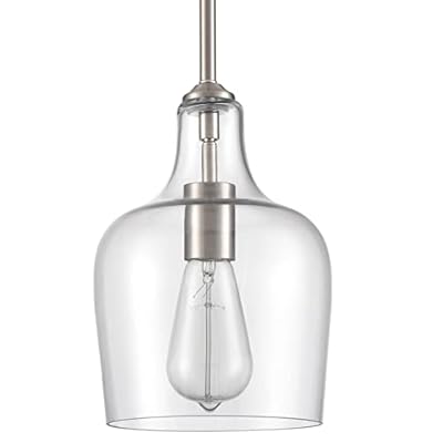 JEENKAE Modern Farmhouse Pendant Lighting for Kitchen Island Glass Pendant Light Brushed Nickel, 1-Light