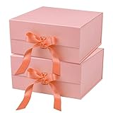 WRAPAHOLIC 2Pcs Coral Gift Box with Satin Ribbon, 8x8x4 Inches Collapsible Gift Box with Magnetic Closure for Party, Wedding, Gift Wrap, Bridesmaid Proposal, Storage