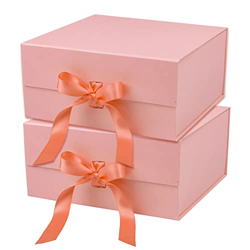 WRAPAHOLIC 2Pcs Coral Gift Box with Satin Ribbon, 8x8x4 Inches Collapsible Gift Box with Magnetic Closure for Party, Wedding, Gift Wrap, Bridesmaid Proposal, Storage