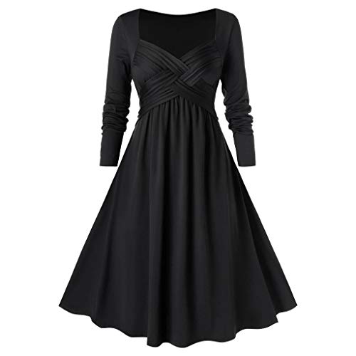 Yemenger Women's Vintage Long Sleeve Flare Dress Wrap Bust O-Neck Contrast Casual Solid Party Swing Dress Plus Size Black