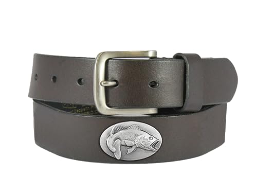 ZEP-PRO Bass Men's Leather Belt – Brown Full Grain Pullup Strap With Fish Emblem – 1.25