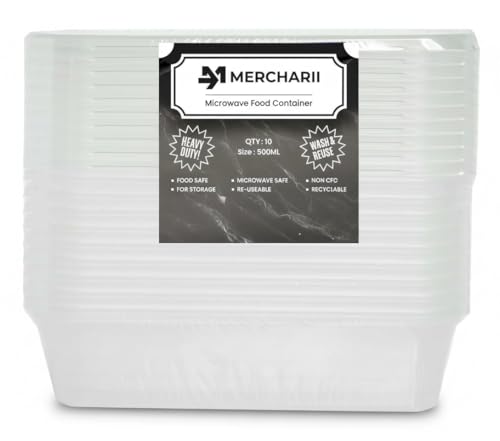 MERCHARII Plastic Food Storage Containers 10 × 500ml with Lids Heavy-Duty Leakproof Rectangular BPA-Free Microwave and Freezer Safe Reusable Meal Prep Takeaway Containers (500ml)