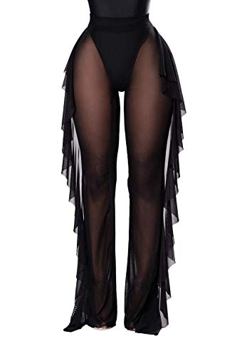 Jumppmile Women's Sexy Ruffle Sheer Mesh Bikini Swimsuit Bathing Wear Cover Up Pants See Through XXL Black