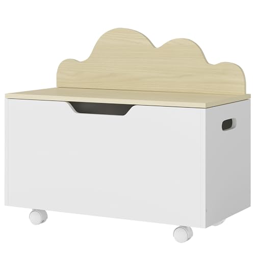AIYAPLAY Coffre à jouet enfant sur roulettes, coffre de rangement enfant avec couvercle rabattable, charnières de sécurité, rangement jouet pour filles et garçons, 59 x 30 x 53 cm, blanc