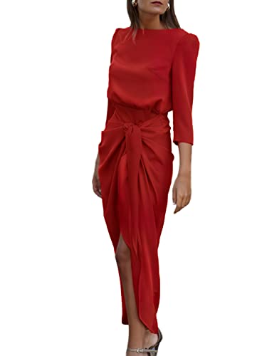 Glamaker Womenâ€™s Satin Long Sleeve Formal Dress Tie Front Elegant Pencil Midi Dress