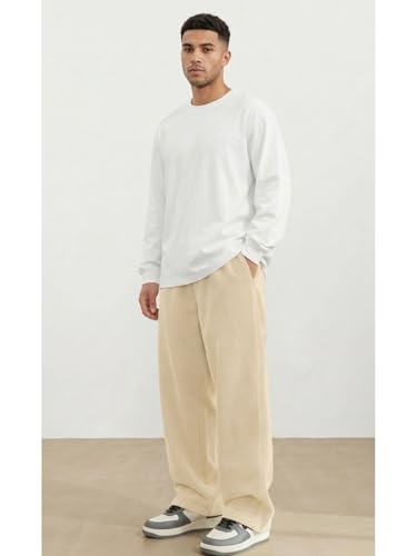 Image of The Goal Studio Men's Premium Corduroy Wide-Leg Trousers | Retro Textured Baggy Sweatpants | Korean Minimalist Relaxed Fit Joggers | Stretchable Lower | Y2K