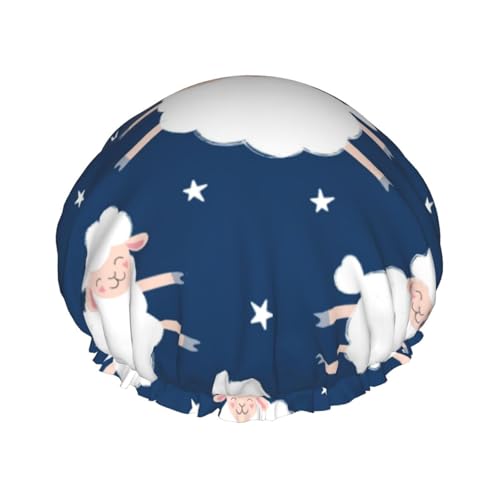 Gorro de ducha impermeable con banda elástica, gorro de ducha reutilizable de doble capa para mujer,Ovejas en un cielo estrellado