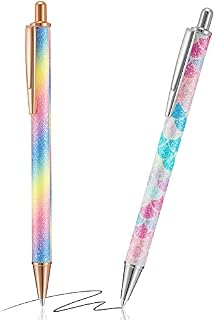 2 Pcs Ballpoint Pens Glitter Click Ball Pens Journaling Pens Cute Women Bling Ink Pens Easy Writing Pens Metal Retractable Pen Black Ink Medium Point Pens 1mm for School and Office