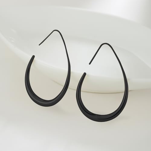 Image of Lightweight Teardrop Hoop Earrings for Women - 14k Gold /White Gold Plated Large Oval Pull Through Hoop Earrings High Polished Statement Jewelry Gift for Women
