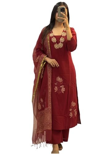 Image of ANNI Designer Women's Rayon Viscose Straight fit Printed Embroidered Kurta with Pant & Dupatta | Ethnic Kurta Set for Women | Daily, Office & Festive Traditional