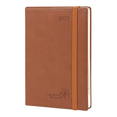 POPRUN 2023 Diary Vertical Week to View 22 x 16.5 cm - Hourly Weekly Planner A5 with Appointment, Monthly Tabs, Vegan Leather Soft Cover, FSC® Certified 100 GSM Ivory Paper, Inner Pocket - Brown Cover