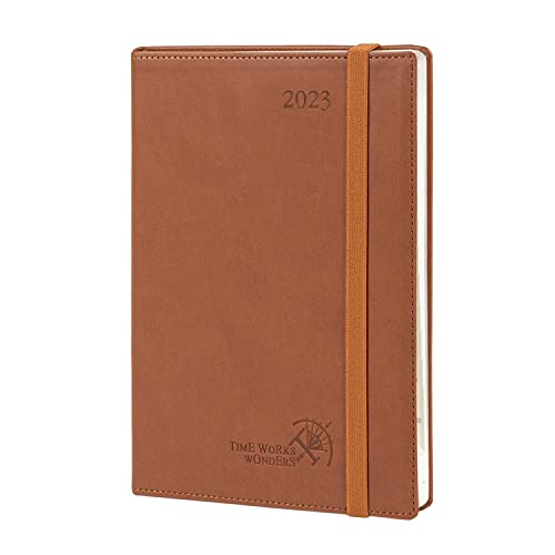 POPRUN Agenda 2023 Semana Vista Vertical 16,5 x 21,5 cm - Planificador 2023 Semanal A5 con Pestañas Mensuales, Tapa Blanda en Cuero Vegano y 100 gsm Papel Certificado FSC® - Marrón Cover