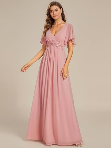 Image of Ever-Pretty Women's Spring Short Sleeve Bridesmaid Dresses V-Neck Chiffon Ruched Empire Waist Appliques Long Formal Dress