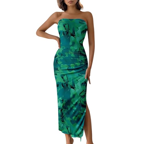 Image of Women's Tube Top Maxi Dresses Printed Tie Dye Strapless Bodycon Long Dress Split Side Sleeveless Party Elegant Outfits