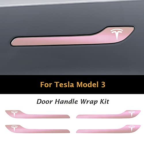Image of IPG Compatible for Model 3 / Model Y /Juniper Door Handle Decal Sticker Wrap Kit (Set of 4) with Tesla Logo Personalize Your Tesla (Pink Pearl)
