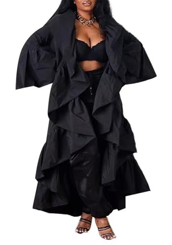 LKOUS Women's Ruffle Asymmetrical Maxi Cardigan Open Front Long Sleeve Trench Coat Cape Blazer
