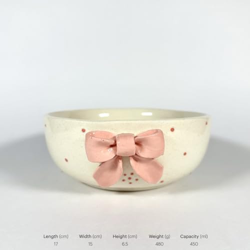Image of SNS Handmade Ceramic Serving Bowl Set (Set of 2) | Microwave Safe Cute Ceramic Bowl Set | Aesthetic Snack, Salad, Cereal, Dessert & Soup Bowl | Premium Kitchen & Breakfast Bowl (Aira Pink Bow Bowl)