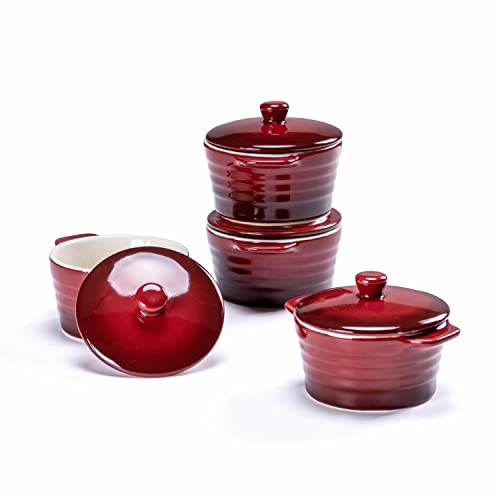 Mini Cocotte Individuelle en Céramique, Ramequins Moule à Soufflé avec Couvercles (Lot de 4) - 230 ml, Casserole Four avec Poignées pour Soufflé, Crème Brûlée - Couleur Rouge