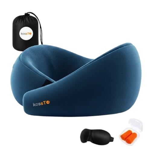 kossto Travel Neck Pillow - 100% Memory Foam Neck Support Pillow for Flight Travel, Adjustable Velcro Straps Includes Eye Mask & Noise Isolating Ear Plugs with Free Travel Pouch | Navy Blue Velvet-image-10