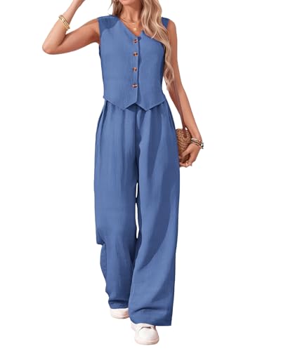 MOLERANI Womens 2 Piece Summer Casual Outfits Linen Pantsuit Business Office V Neck Vest Blazer Wide Leg Pants Suits Elastic Waist Wide Leg Matching Sets​, Beja Blue, S