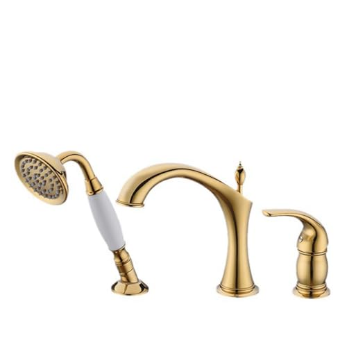 Mitigeur de baignoire 3 trous chrome doré avec douchette sur pont