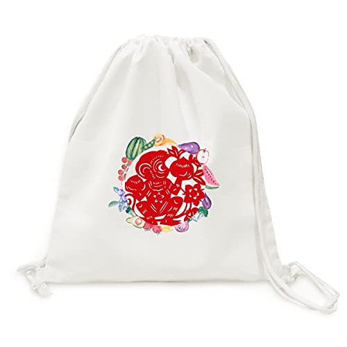 Sac en tissu pliable les fleurs de singe papercut zodiaque chinois pour fruits