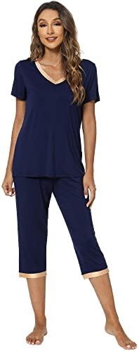 WiWi Bamboo Viscose Womens Pajama Sets Soft Short Sleeve Tops with Capri Pants Sleepwear Plus Size Pjs Set S-3X, Navy, Medium