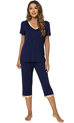 Wiwi Bamboo Viscose Womens Pajama Sets Soft Short Sleeve Tops With Capri Pants Sleepwear Plus Size Pjs Set S-3X, Navy, Medium #TOP7