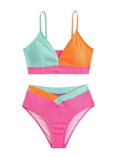 Girl's 2 Piece Swimsuit Color Block Ribbed Spaghetti Strap High Cut Cute Bikini Bathing Suit