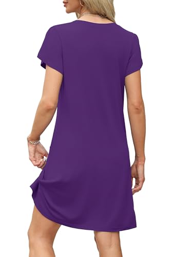 Image of OFEEFAN Womens Summer Dresses 2026 Tulip Petal Short Sleeve V Neck Loose Swing Sundresses with Pockets Plain /Print