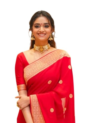 Image of Flosive Women's Present Banarasi Soft Lichi Silk Saree Beautiful Jacquard Rich Pallu Design Work Zari Woven Ayn Kanjivaram Silk Style Saree With Soft Lichi Silk Blouse Piece (Royal Red)