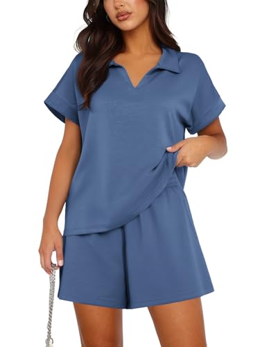 PINSPARK - PINSPARK Survêtement pour femme, combinaison de jogging deux pièces, costume de maison, costume de loisirs, haut à col en V, ensemble short, survêtement à manches courtes, vêtements de détente - -53%