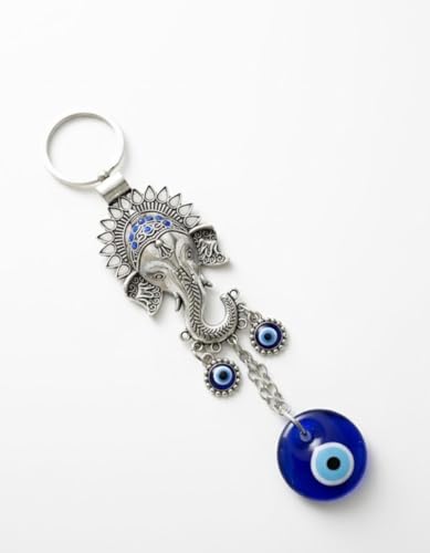 Image of Shasha Creation Lord Ganpati Ganesha or Ganeshji Evil Eye Good Luck Metal Hook car hanging and home decor (Blue and Silver) Evil's eye hanging with Shree Ganesha face