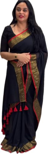 Image of Women's Mul Cotton Saree with Tassels | Soft Mulmul Saree | Woven Stripes & Zari Line | 5.5 Metres - Without Blouse