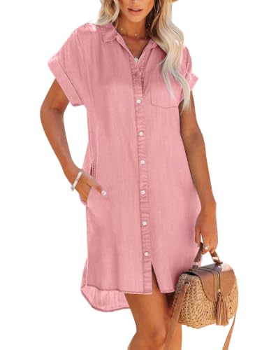 Image of Paintcolors Women's Long Sleeve Silk Denim Button Up Dresses Shirt Tunics Cover-ups Oversized Blouse Tops with Pockets
